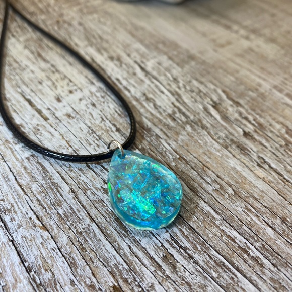 Iridescent Blue Teardrop Necklace - Handmade - Picture 9 of 13
